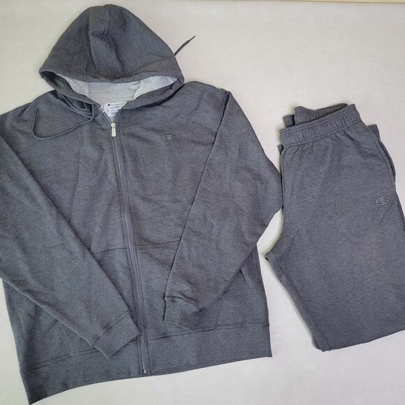 Champion Mens Jogger Set Fleece Gray Full Zip Jacket Wide Leg Pants L/XL - Picture 1 of 7